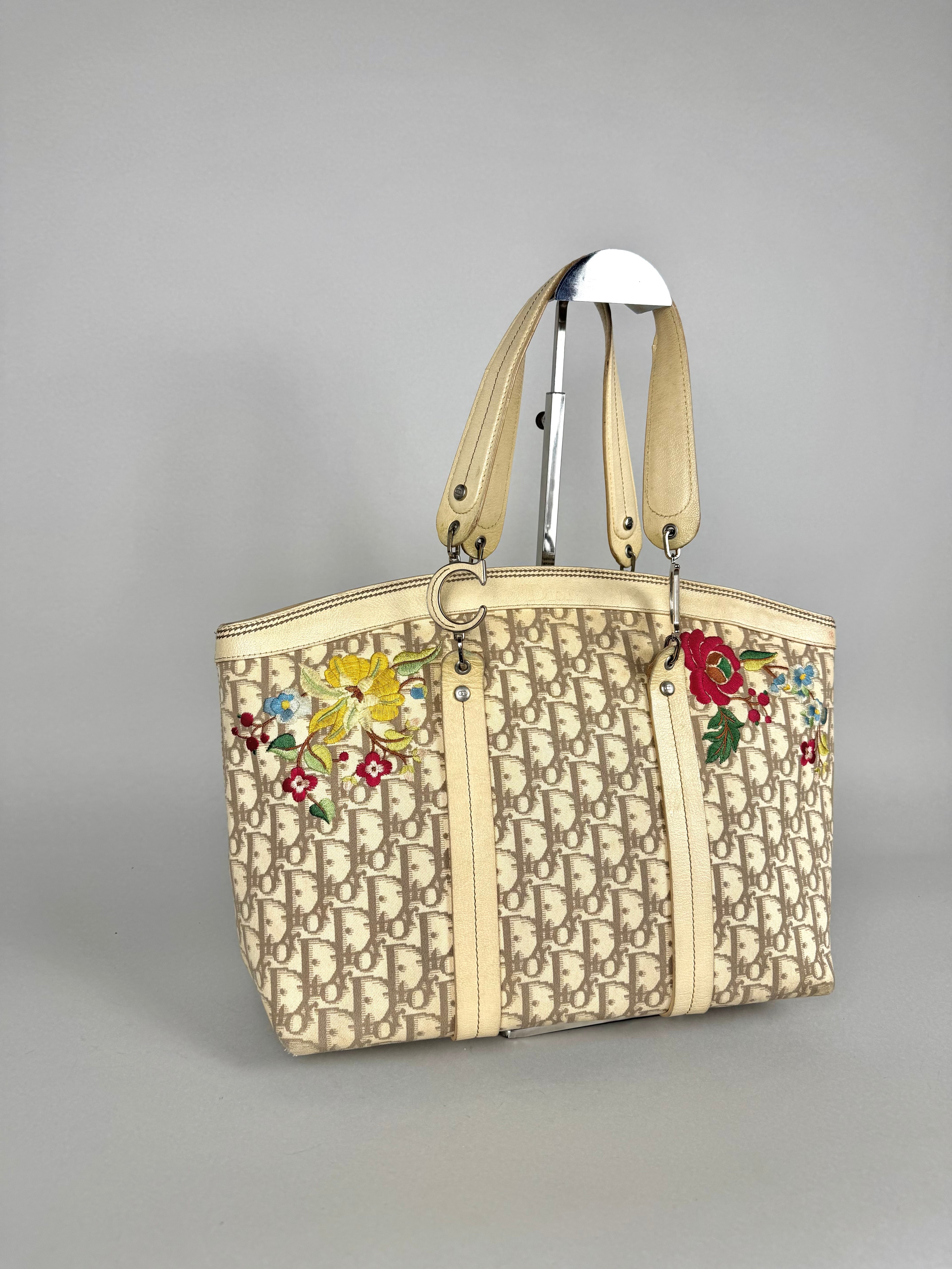 Christian Dior Beige Diorissimo Embroidered Flowers Tote