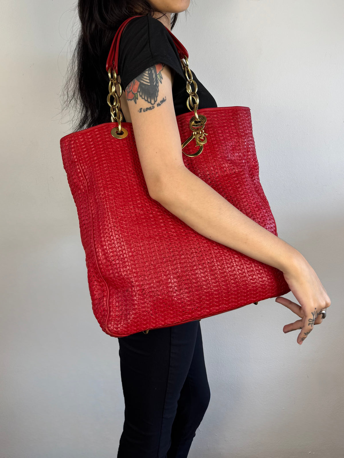 Christian Dior Red Woven Lambskin Leather Lady Dior Tote