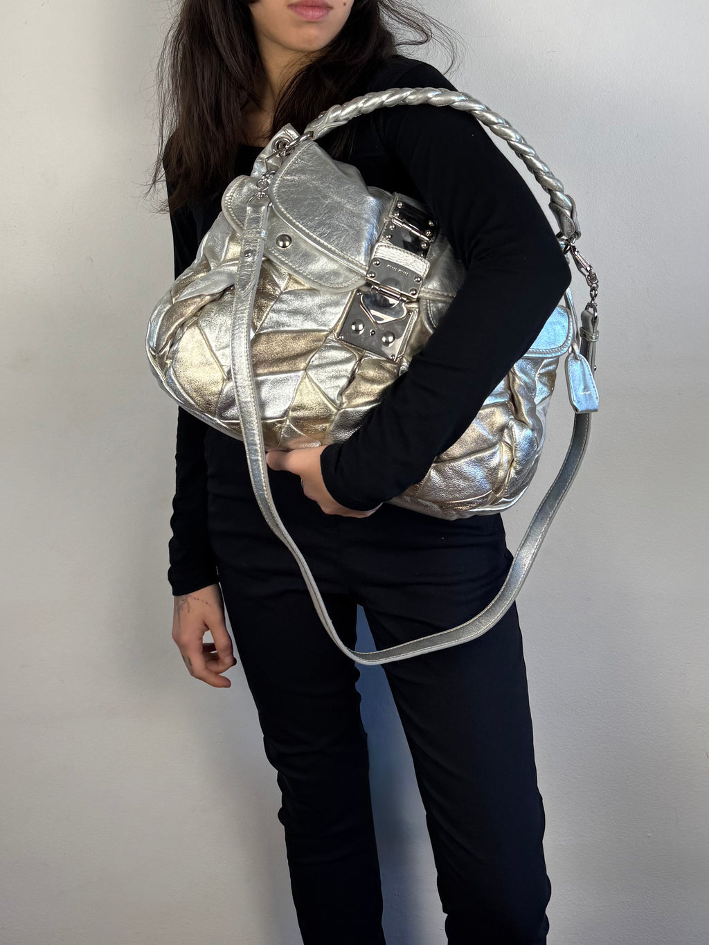 Miu Miu Silver Leather Harlequin Patchwork Coffer Matelass Hobo