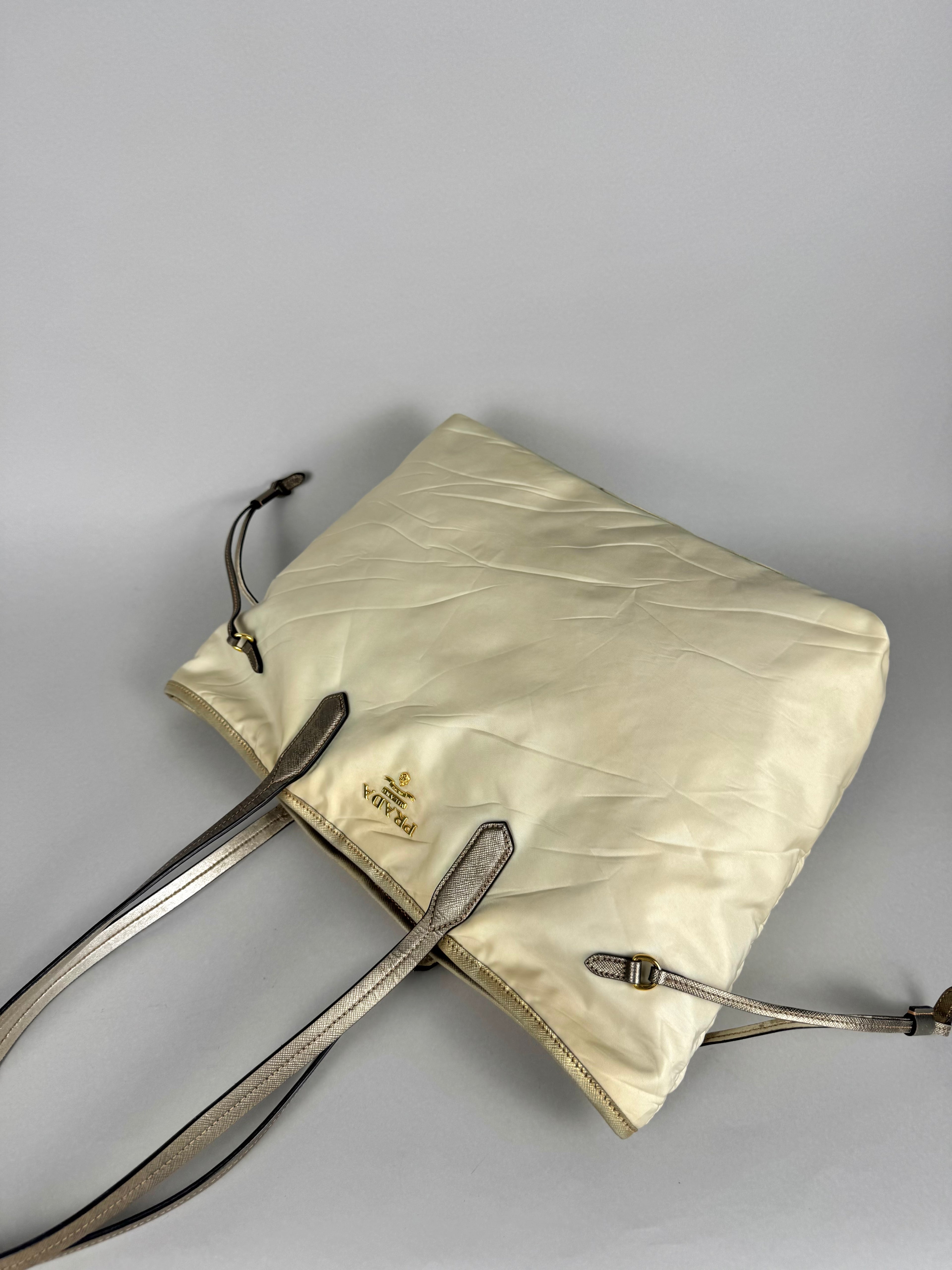 Prada Tessuto Nylon Saffiano Shopping Tote Off White
