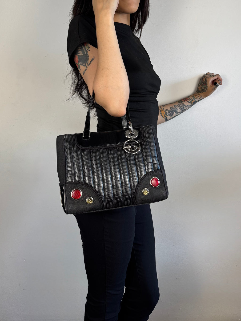Christian Dior Cadillac Montaigne Denim and Leather Black Tote