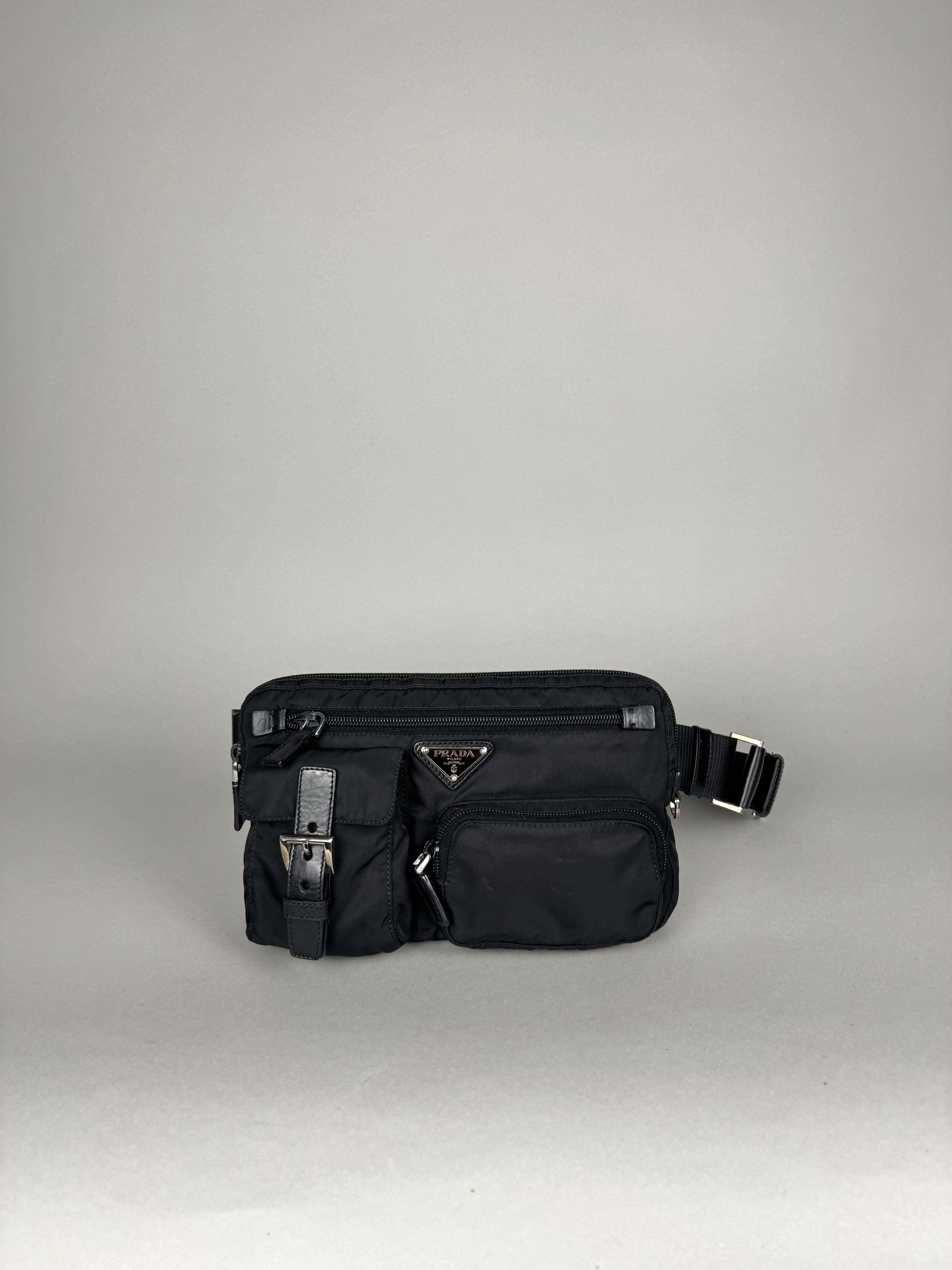 Prada Tessuto Nylon Black Saffiano Belt
