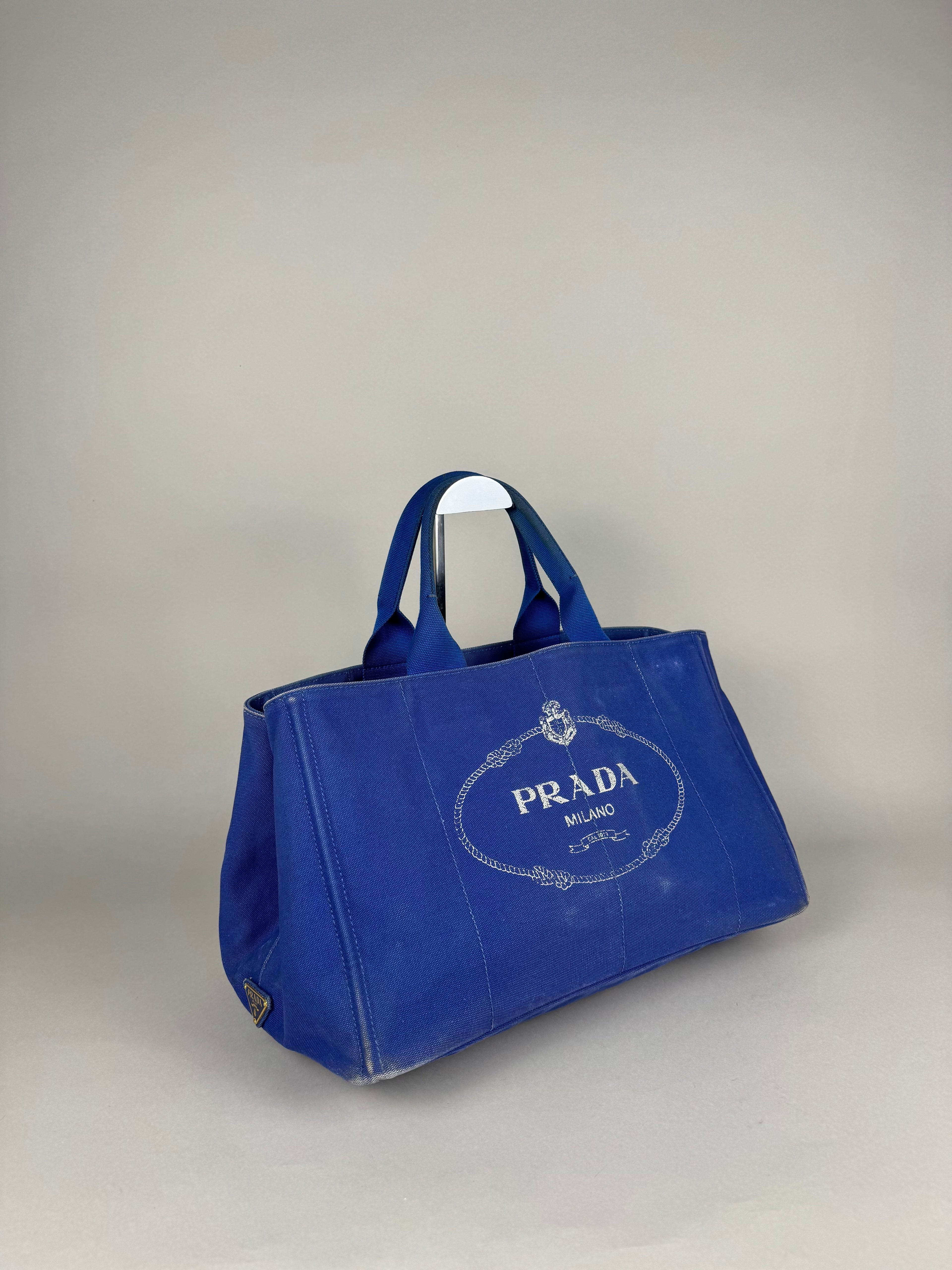 Prada Blue Printed Canapa Canvas Tote