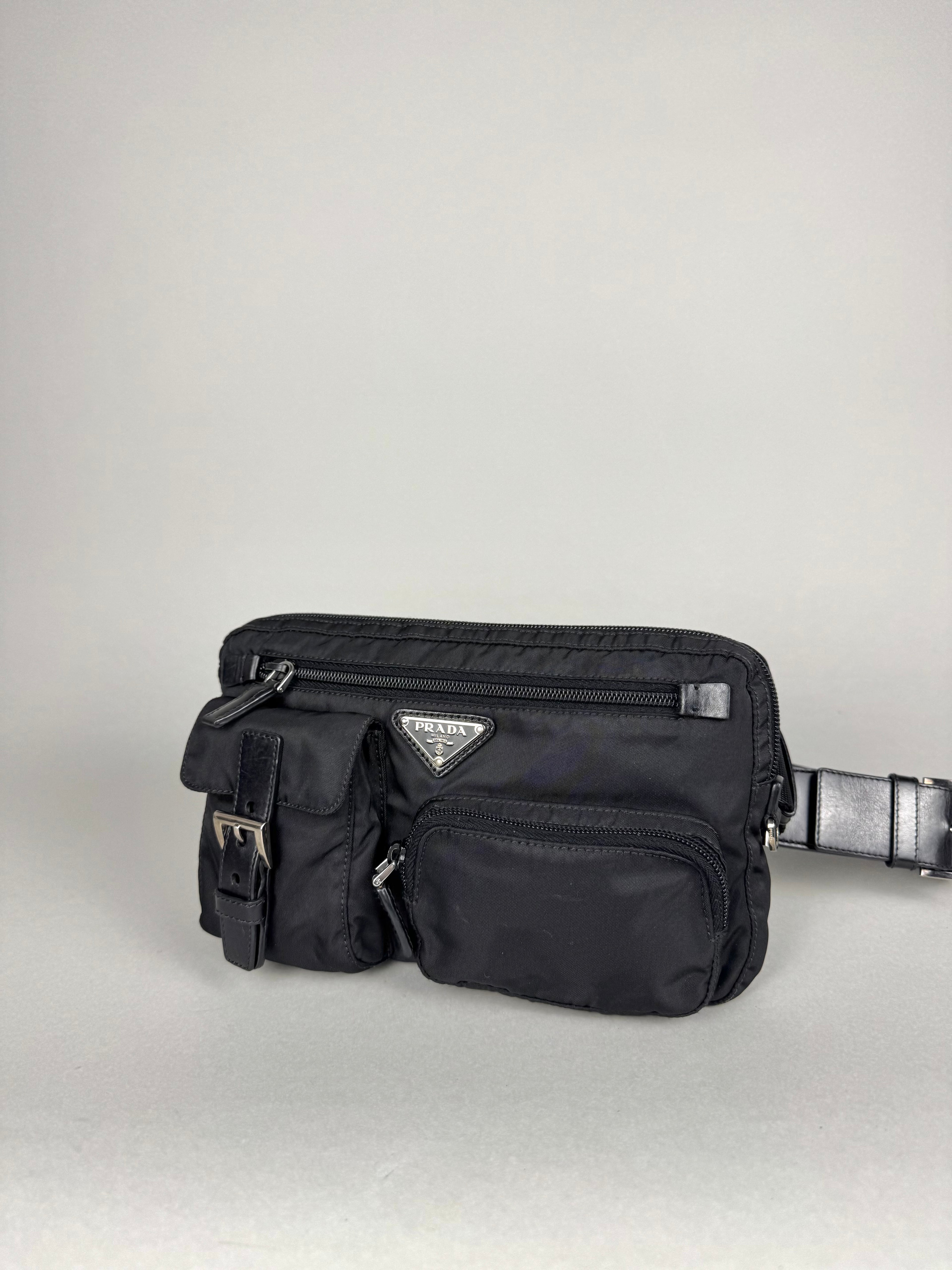Prada Tessuto Nylon Black Saffiano Belt