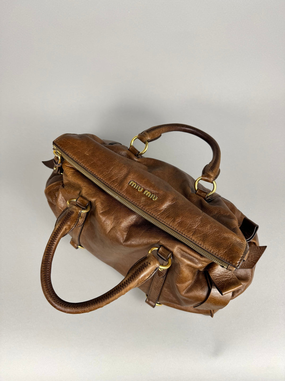 Miu Miu Lux Bow Vitello Leather Brown Tote