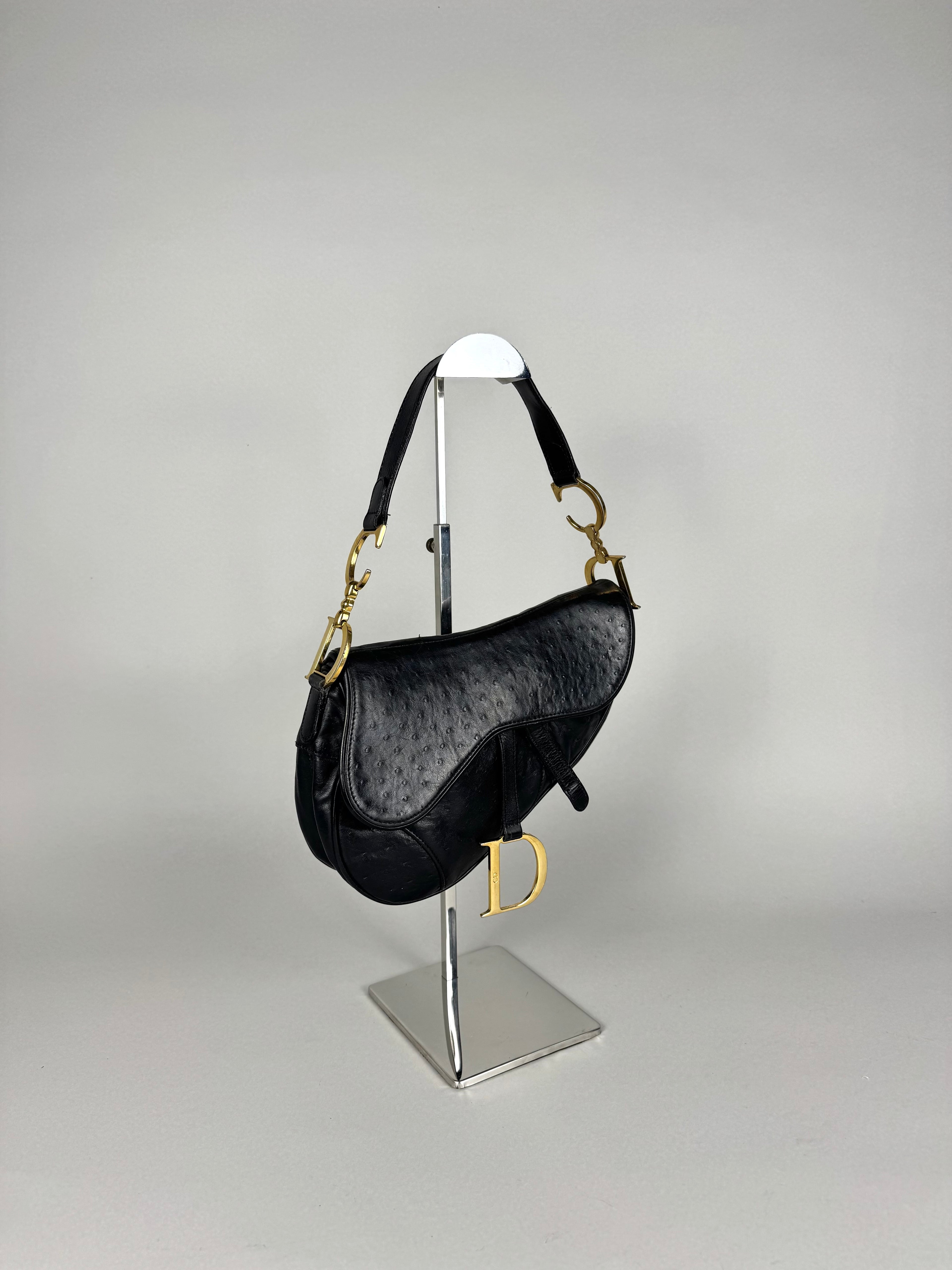 Christian Dior Saddle Ostrich Leather Black