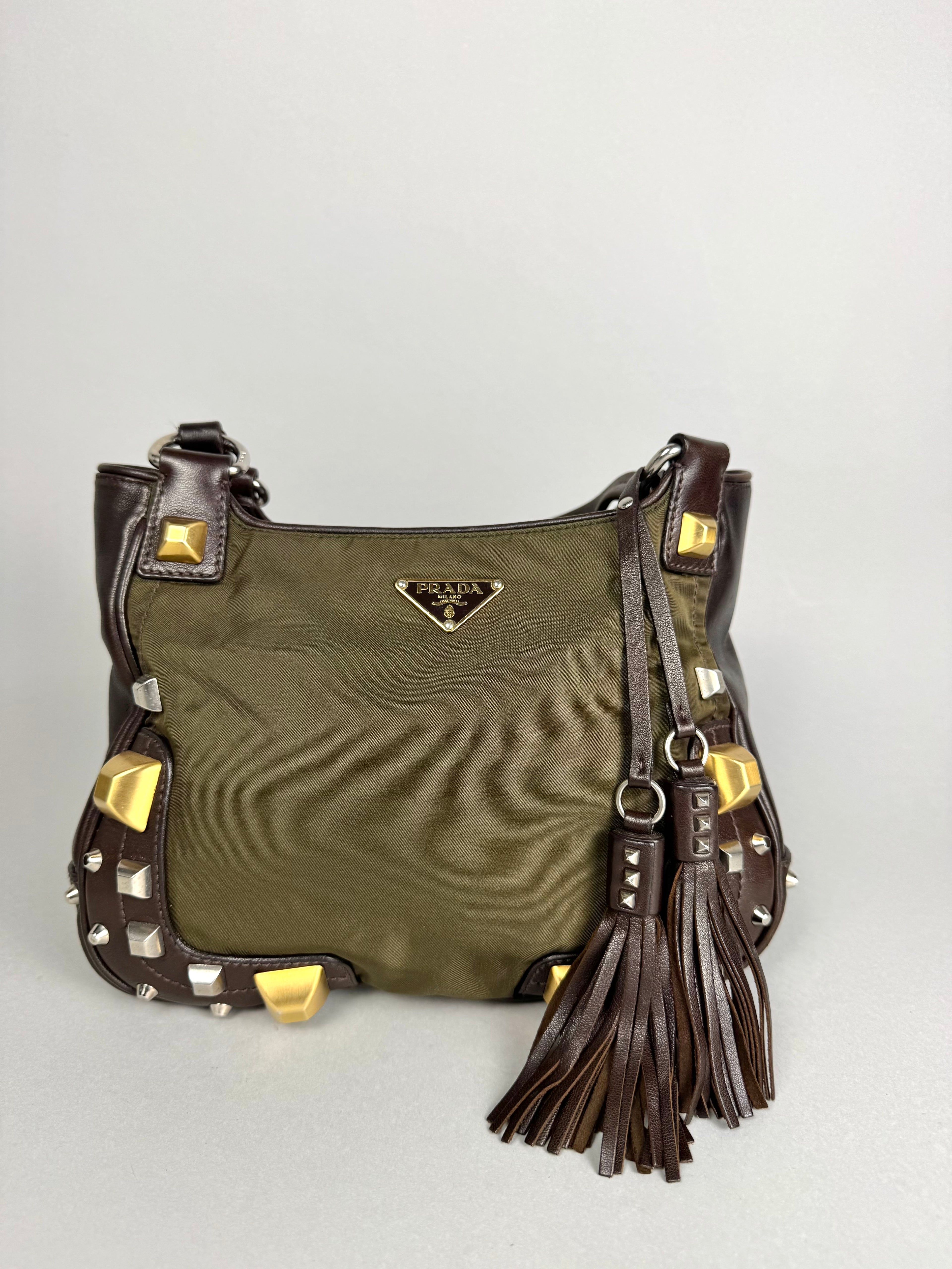 Prada Brown Studded Leather Green Dark Brown Pony-style Calfskin
