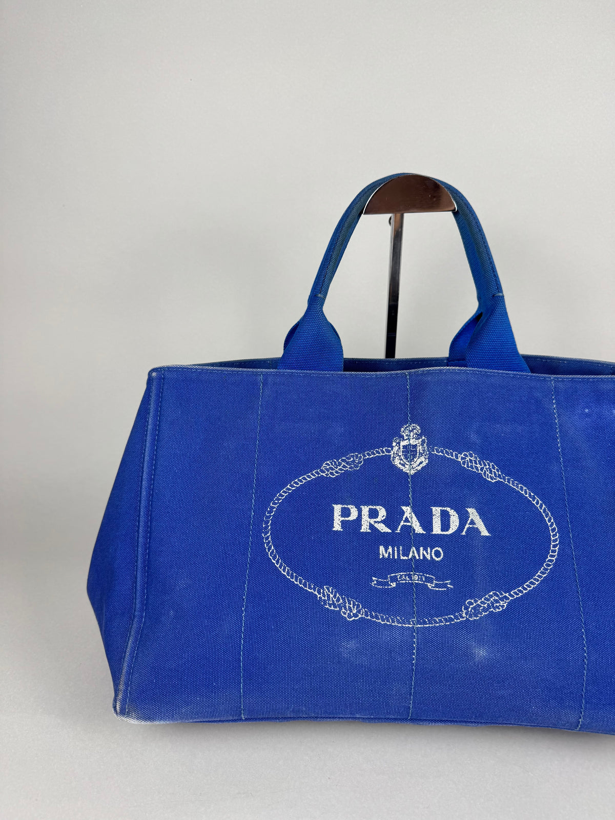 Prada Blue Printed Canapa Canvas Tote
