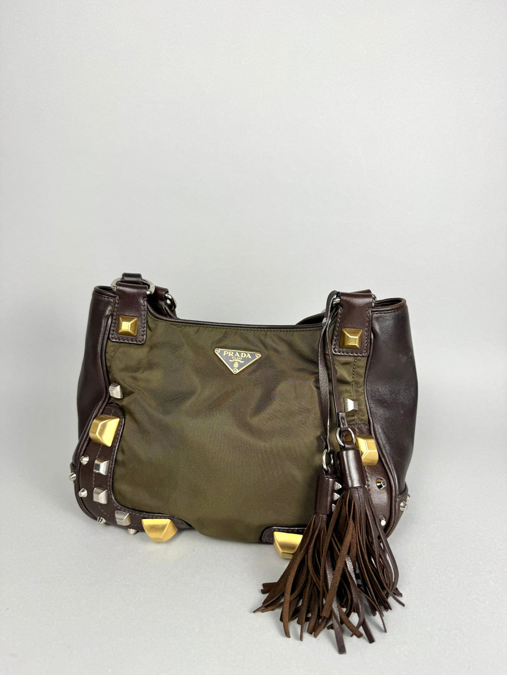 Prada Brown Studded Leather Green Dark Brown Pony-style Calfskin