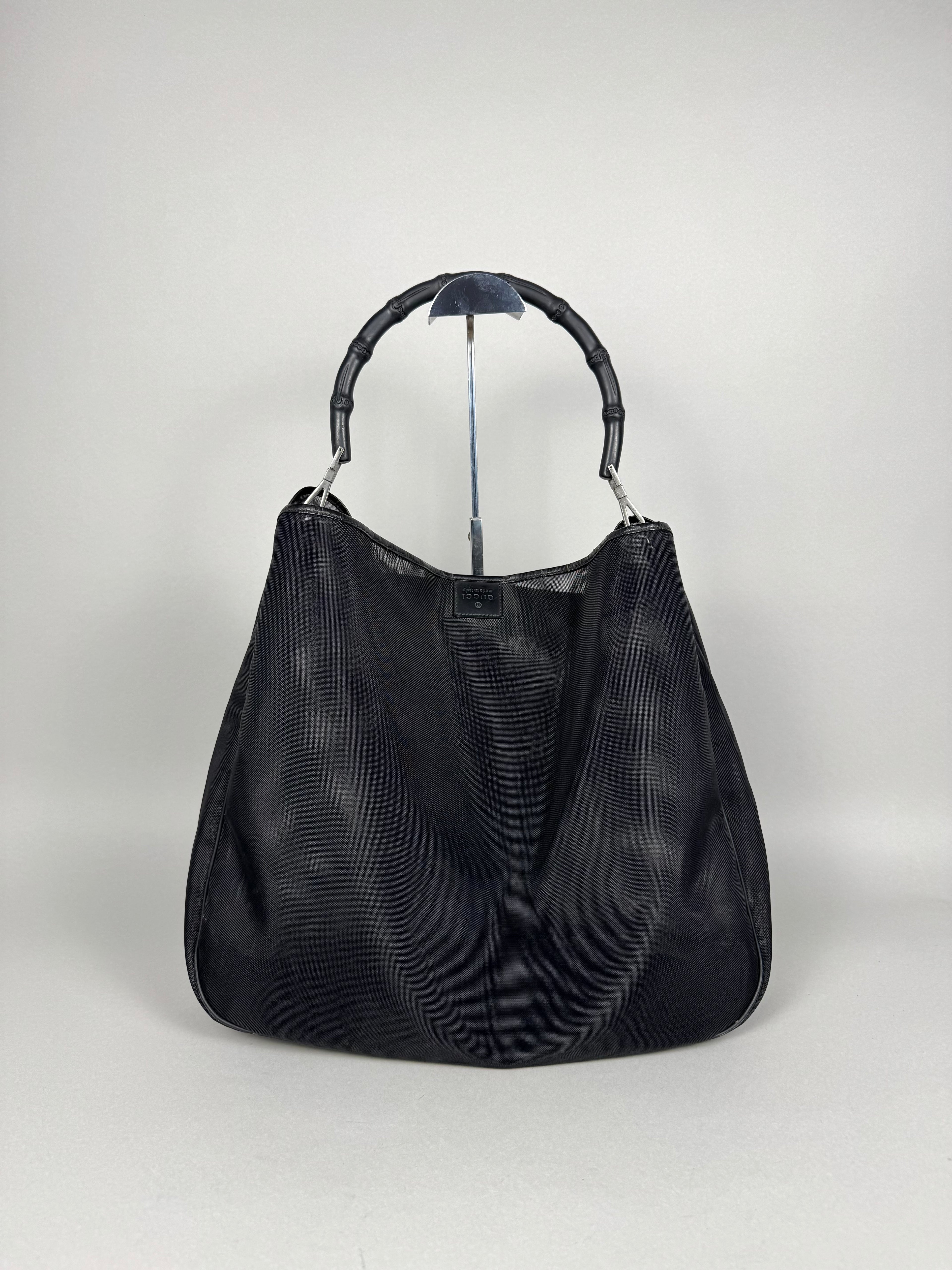 Gucci Mesh Bamboo Tote Bag in Black with Pouch