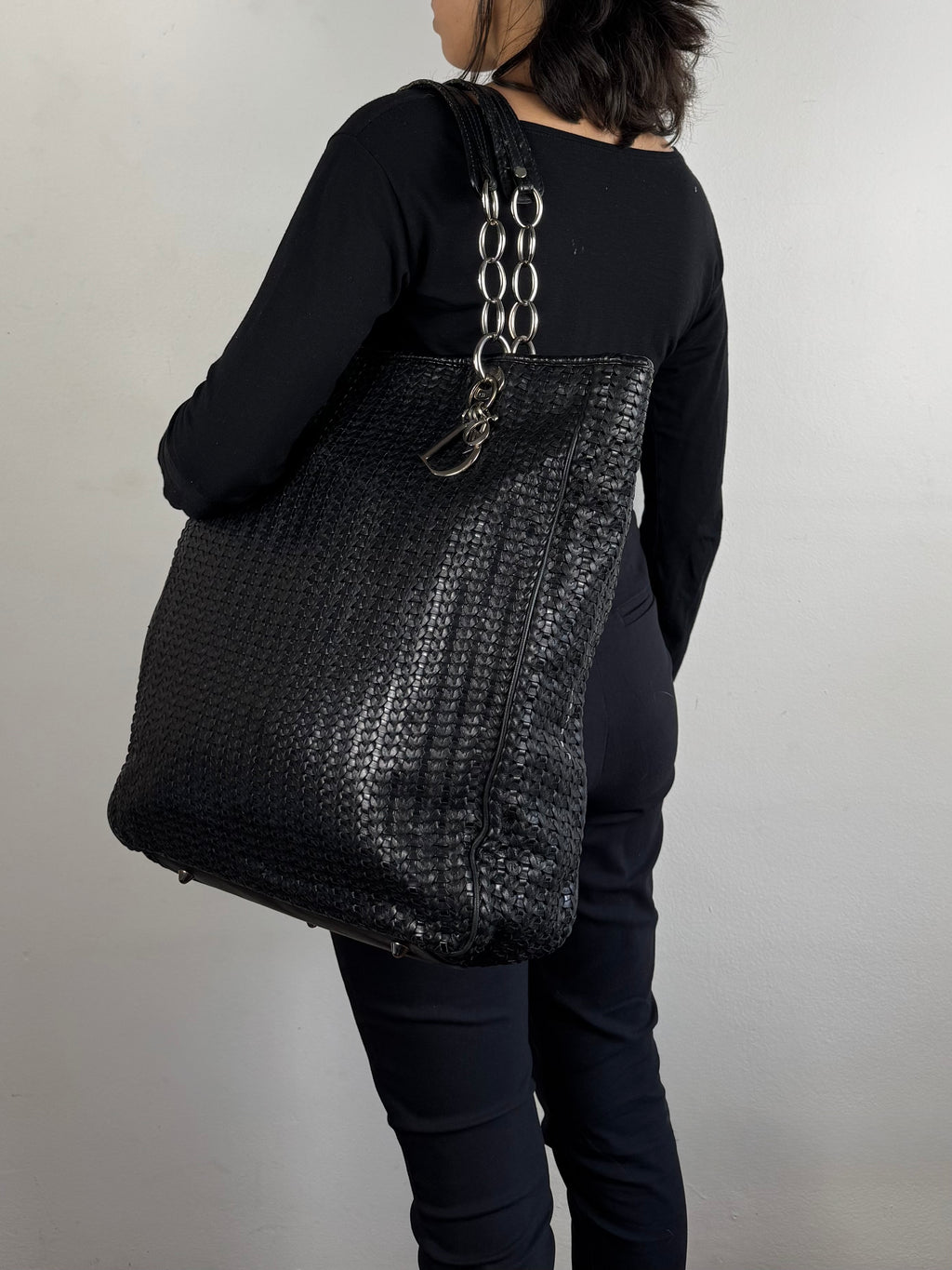 Christian Dior Black Woven Lambskin Leather Lady Dior Tote
