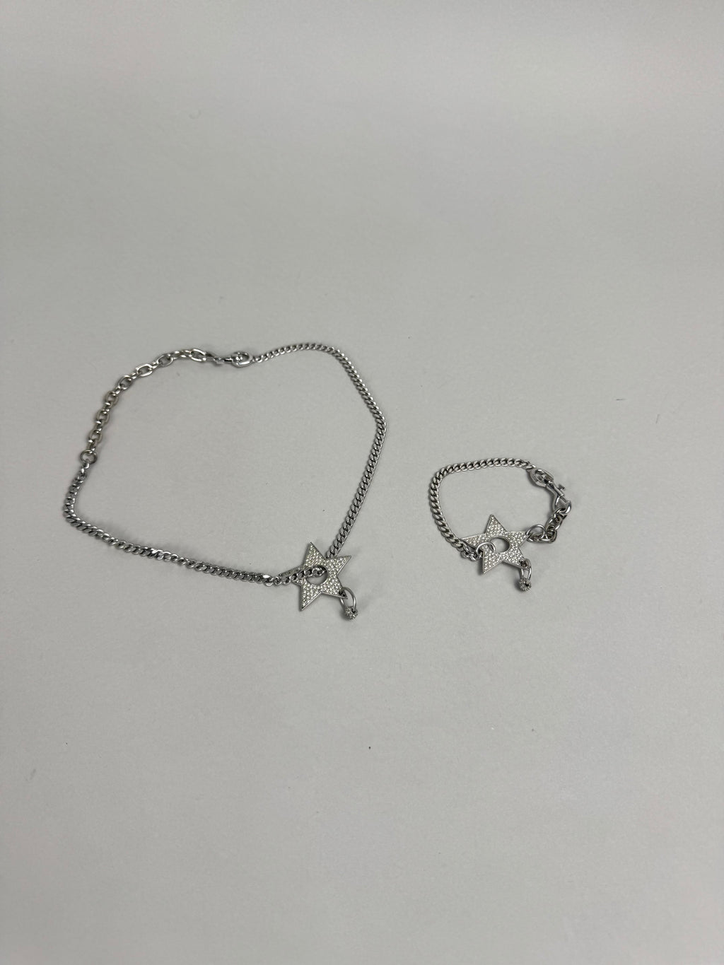 Christian Dior Crystal Star Pierced Choker Necklace Silver and Bracelet