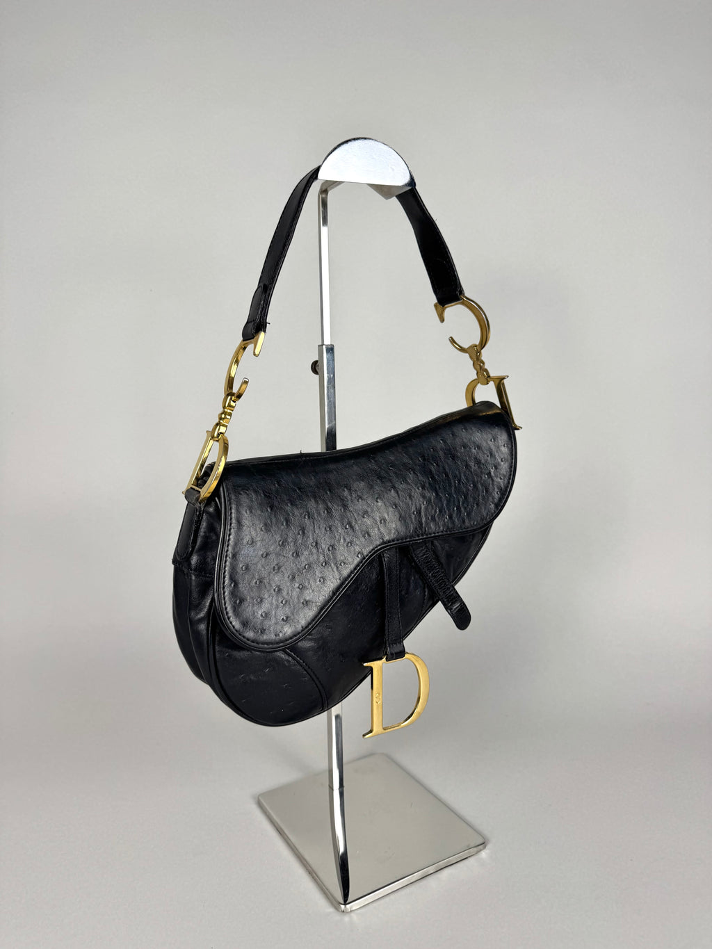 Christian Dior Saddle Ostrich Leather Black