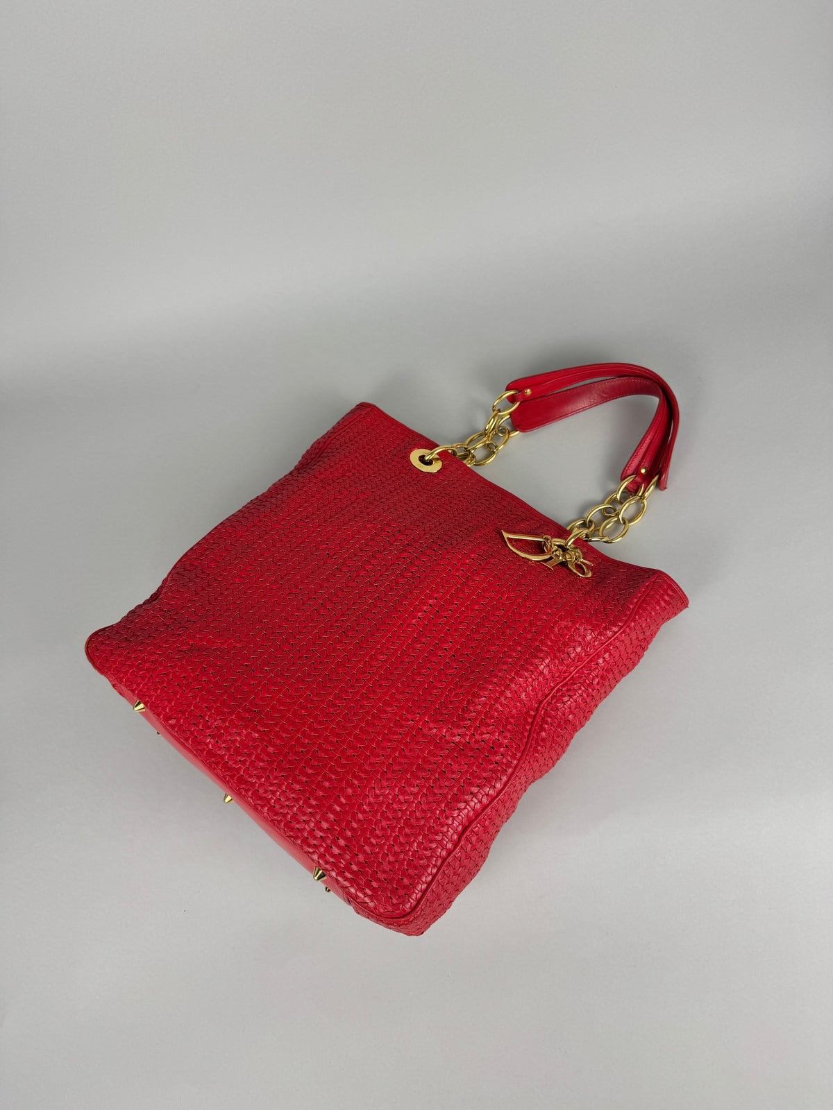 Christian Dior Red Woven Lambskin Leather Lady Dior Tote