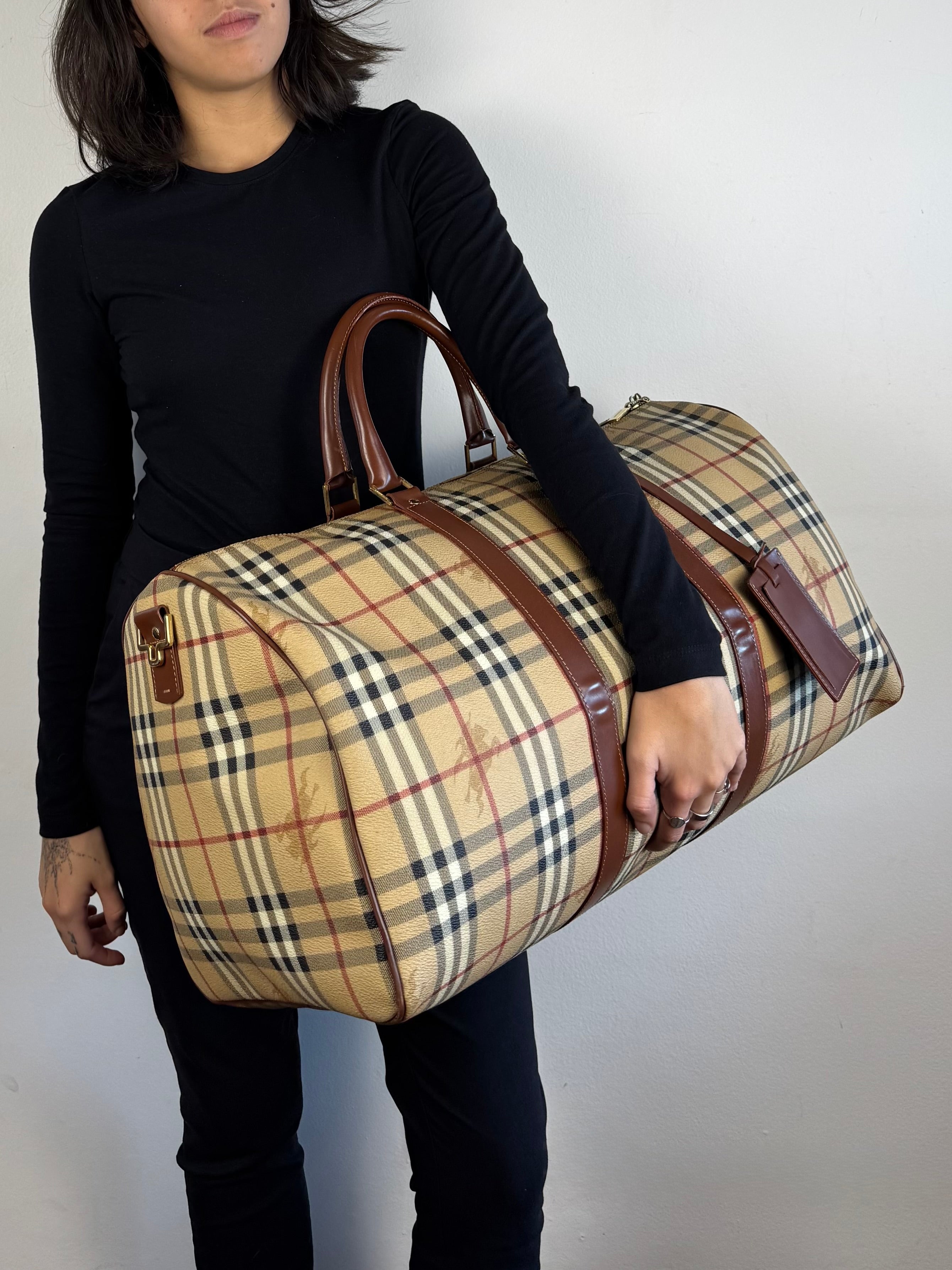 Burberry Brown Leather And Haymarket Check Coated Canvas Travel Duffel