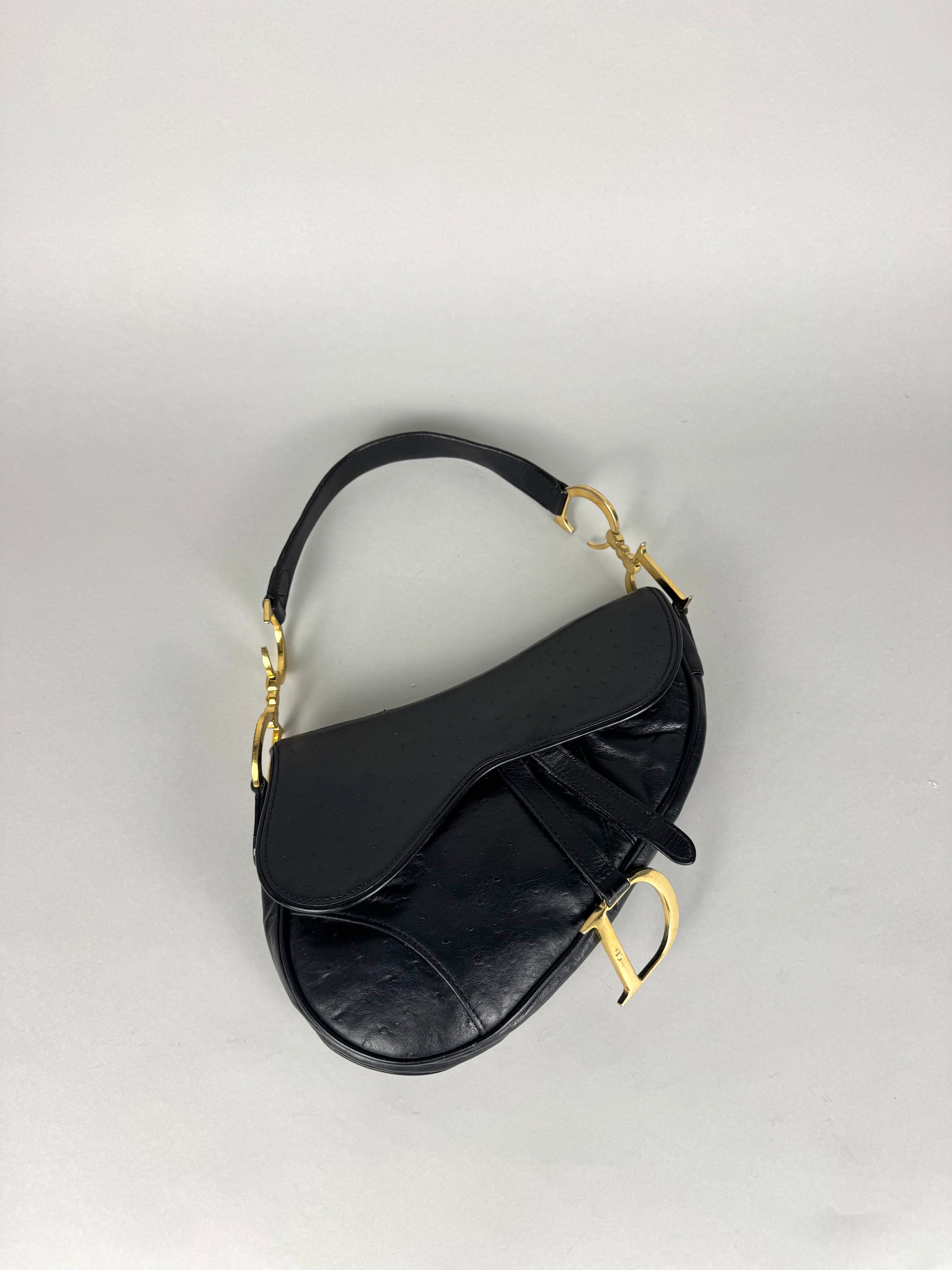 Christian Dior Saddle Ostrich Leather Black