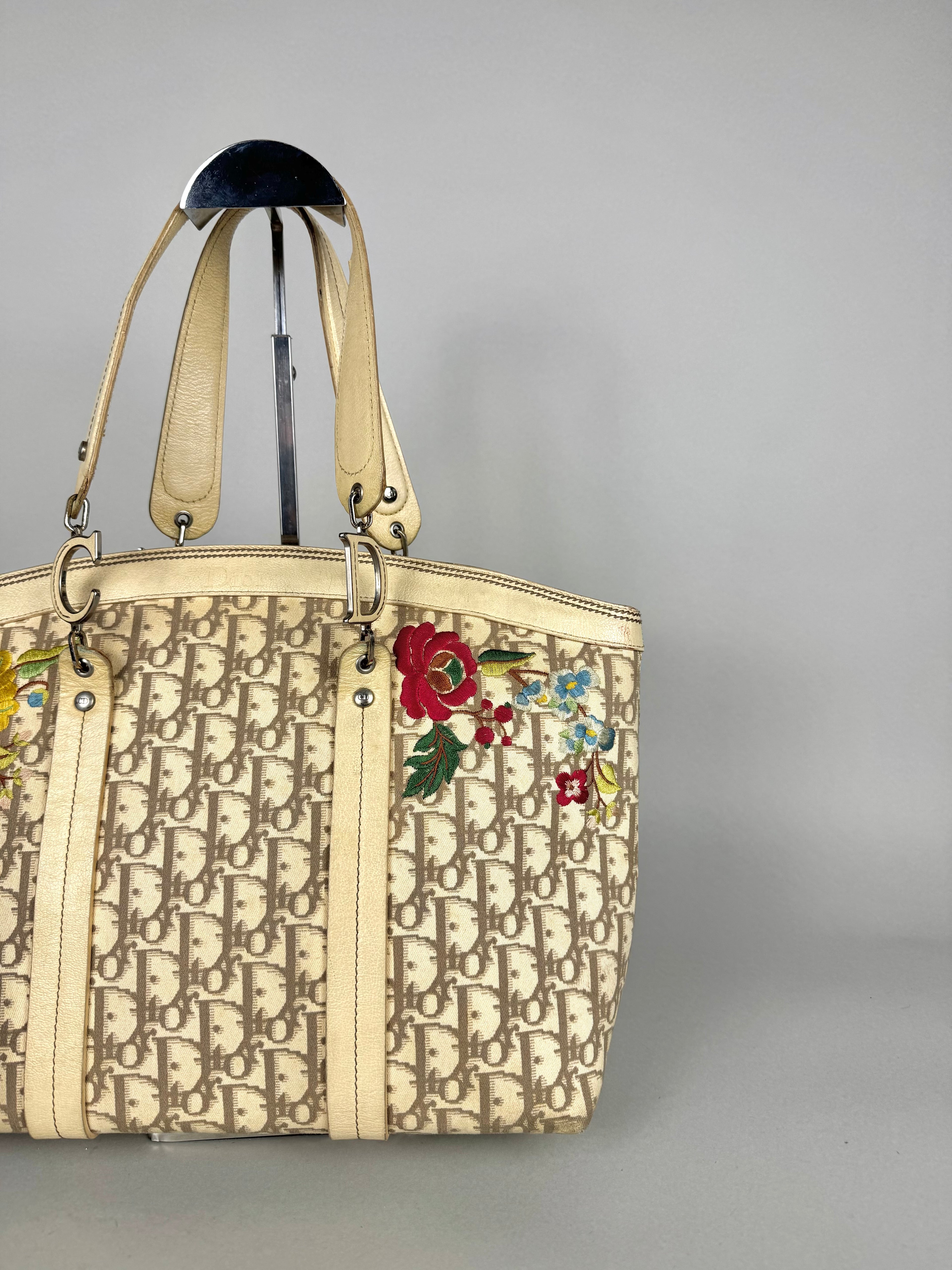 Christian Dior Beige Diorissimo Embroidered Flowers Tote