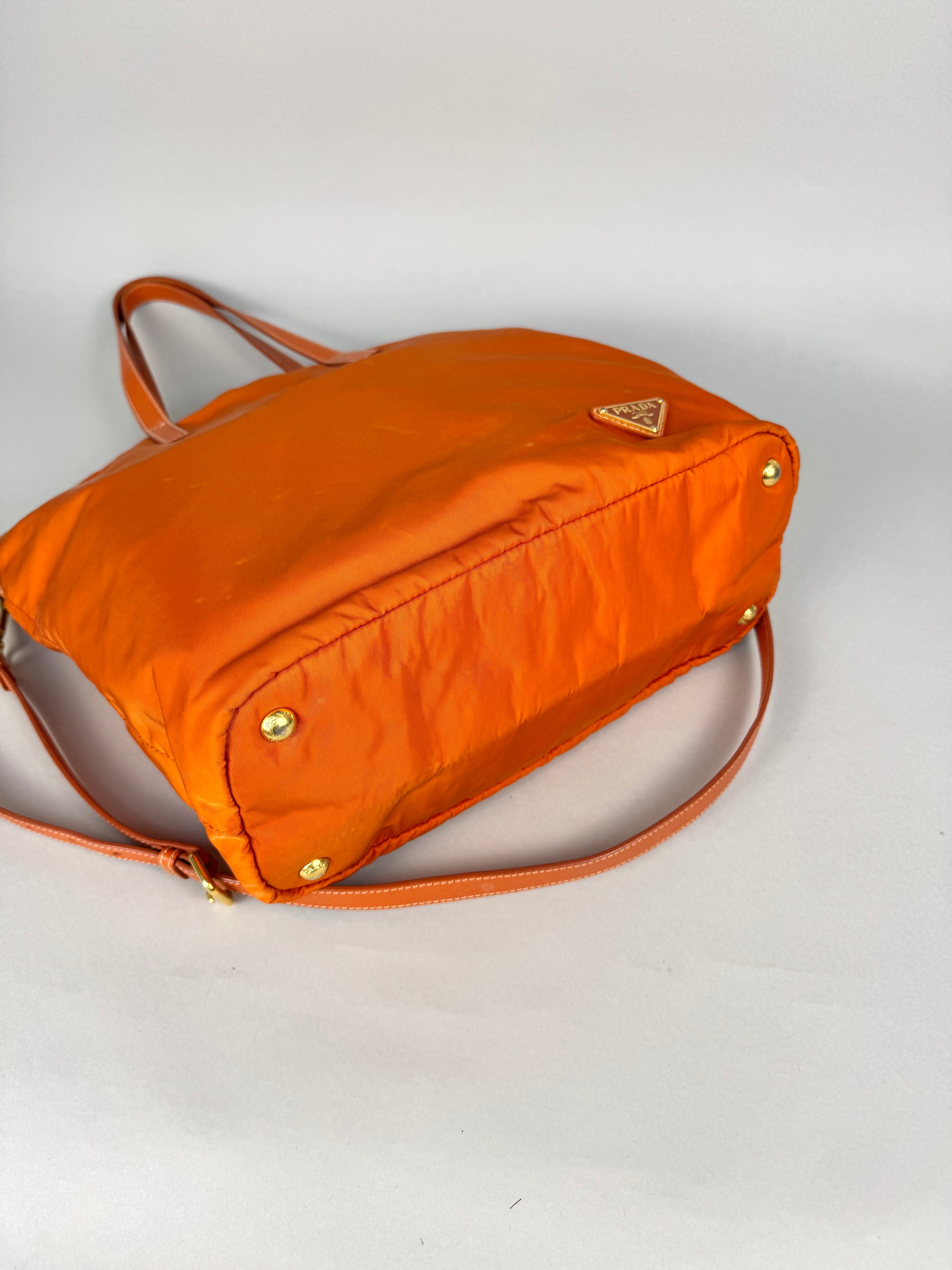 Prada Tessuto Orange Nylon With Leather Strap Tote Bag