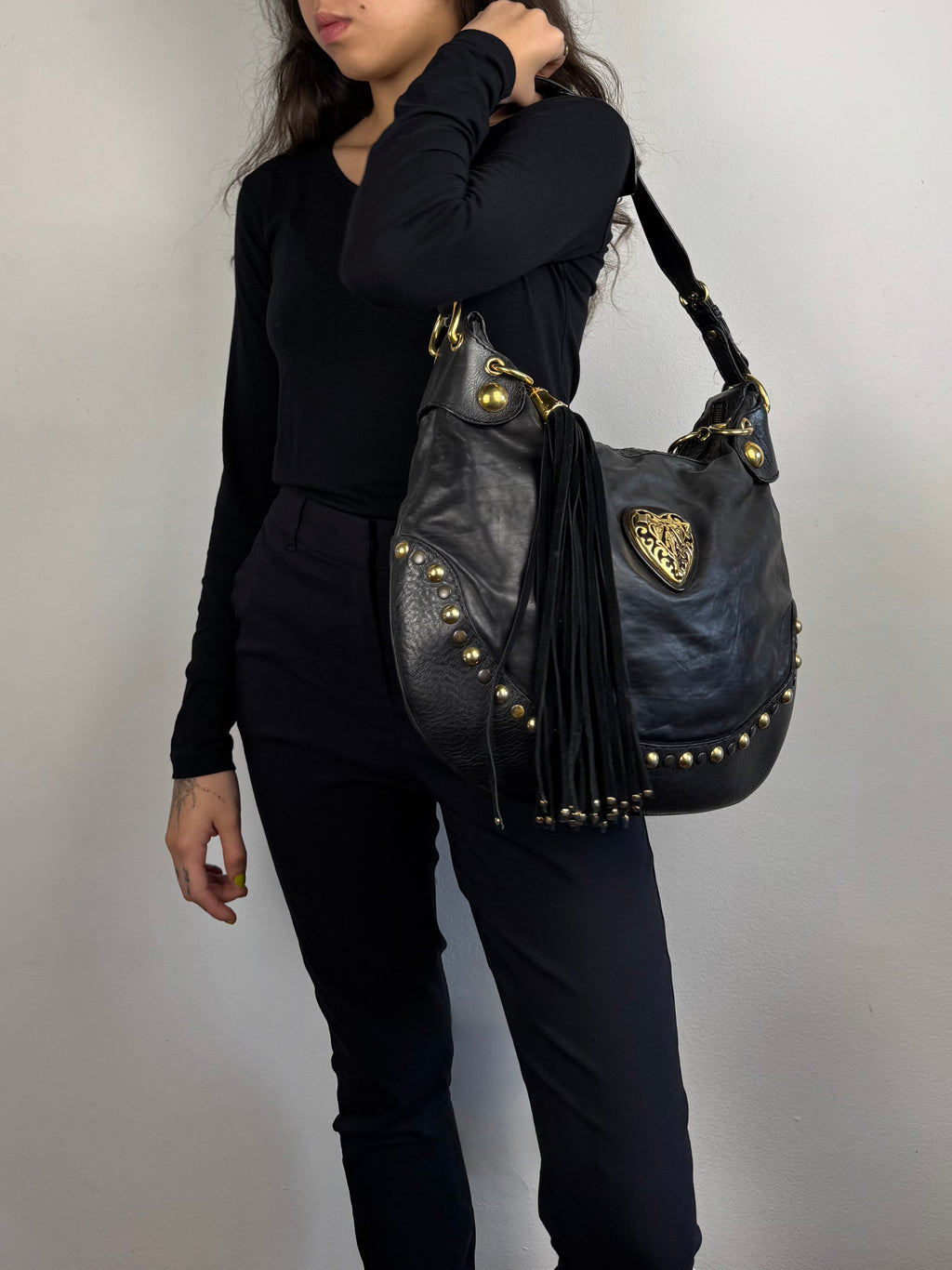 Gucci Babushka Studded Heart Hobo Leather Black