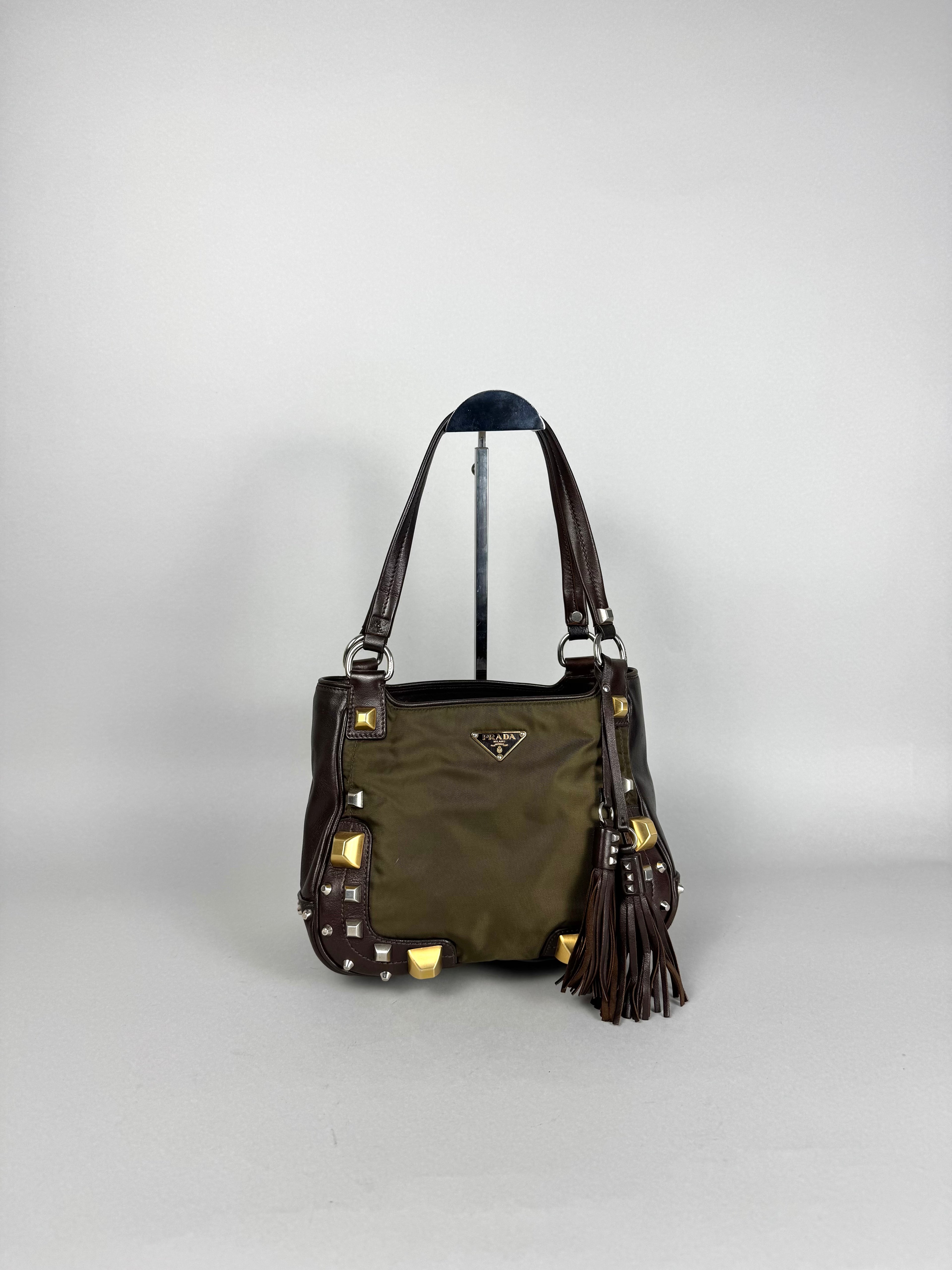 Prada Brown Studded Leather Green Dark Brown Pony-style Calfskin
