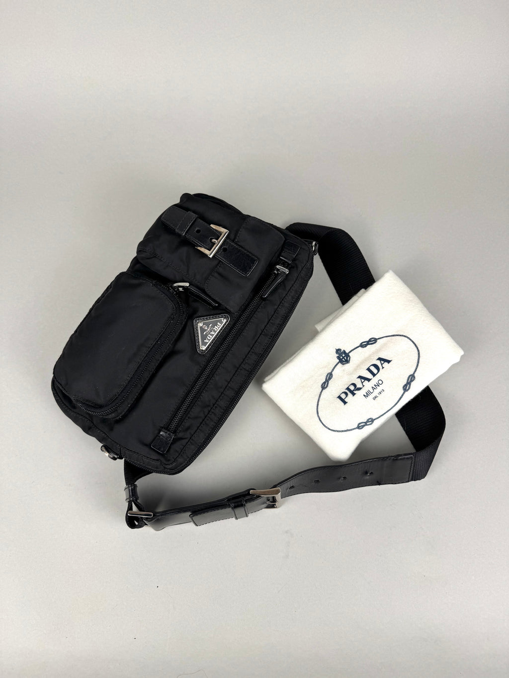 Prada Tessuto Nylon Black Saffiano Belt