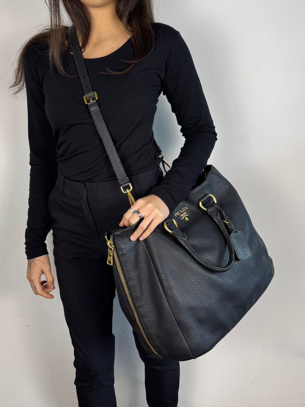 Prada Black Leather Vitello Diano Leather Side Zip Tote