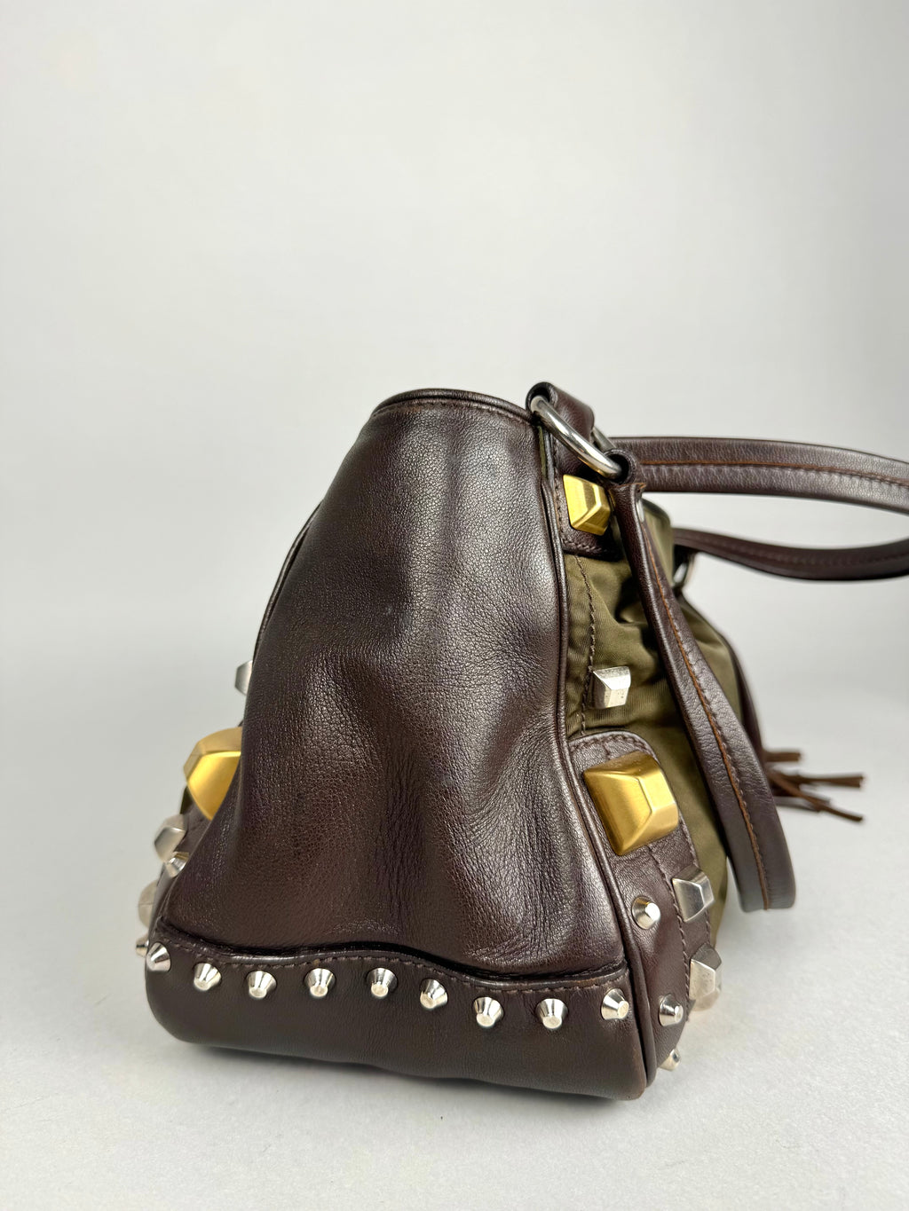 Prada Brown Studded Leather Green Dark Brown Pony-style Calfskin
