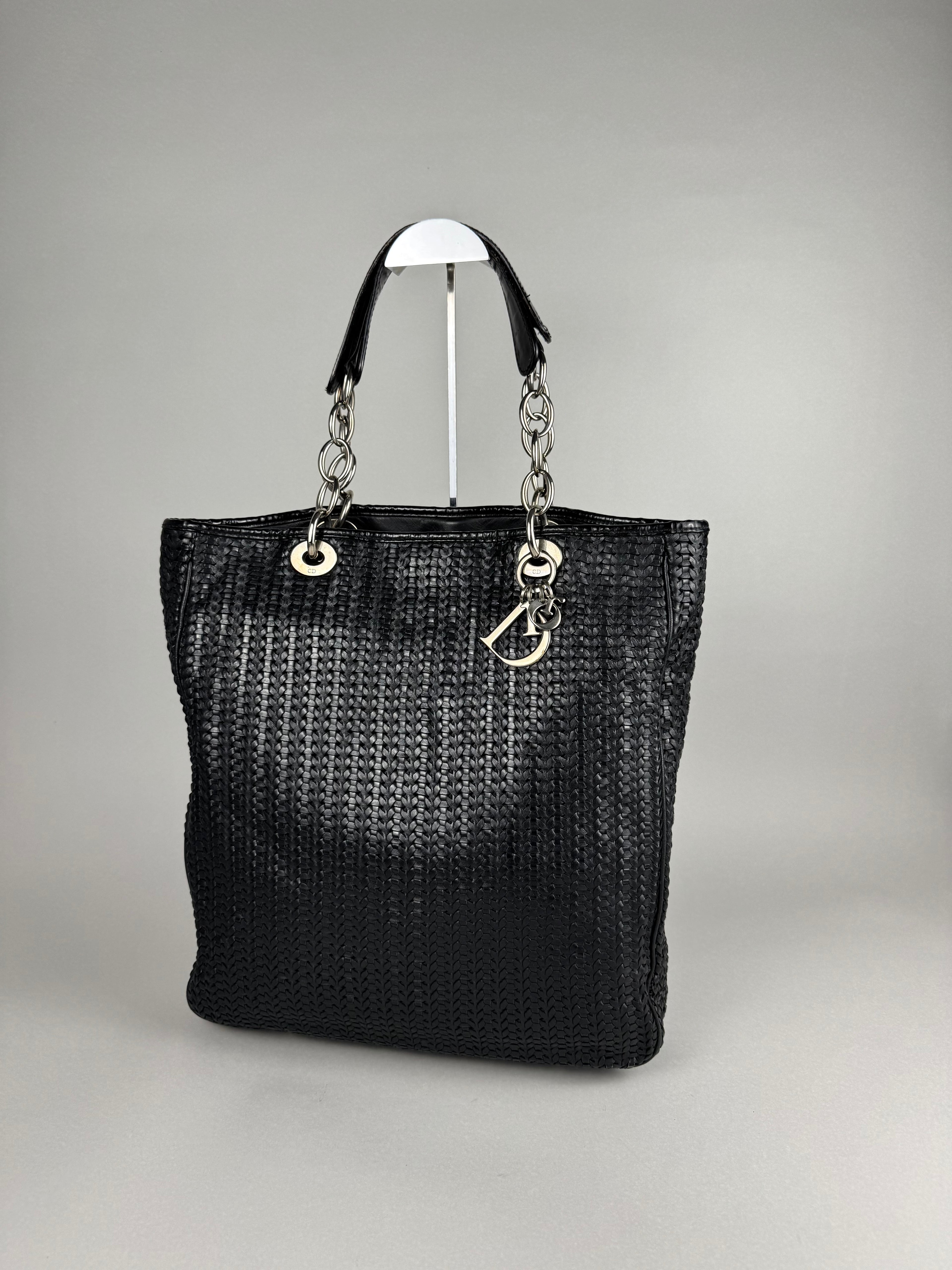 Christian Dior Black Woven Lambskin Leather Lady Dior Tote