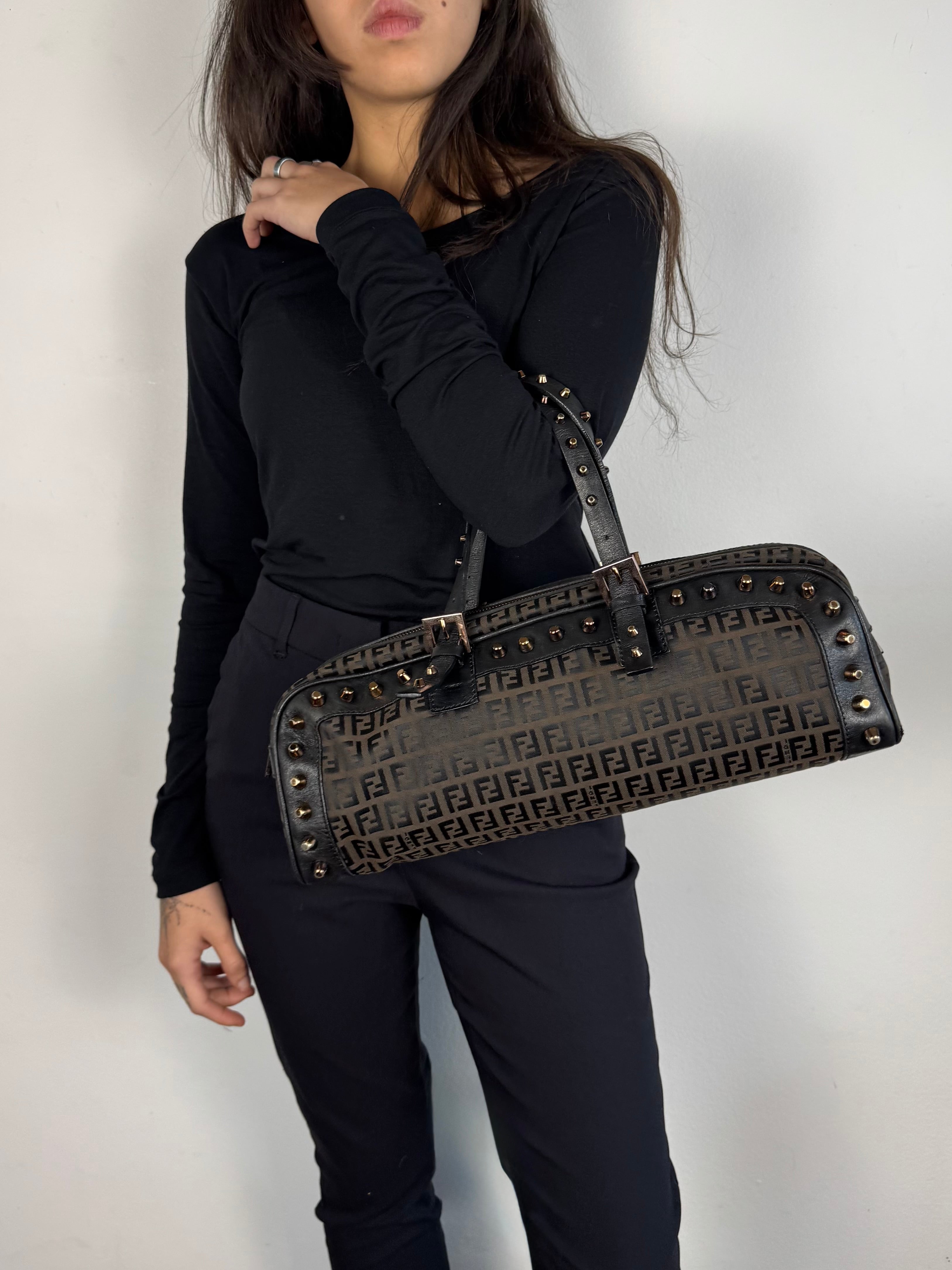 Fendi Monogram Zucchino Studded Bowler Bag
