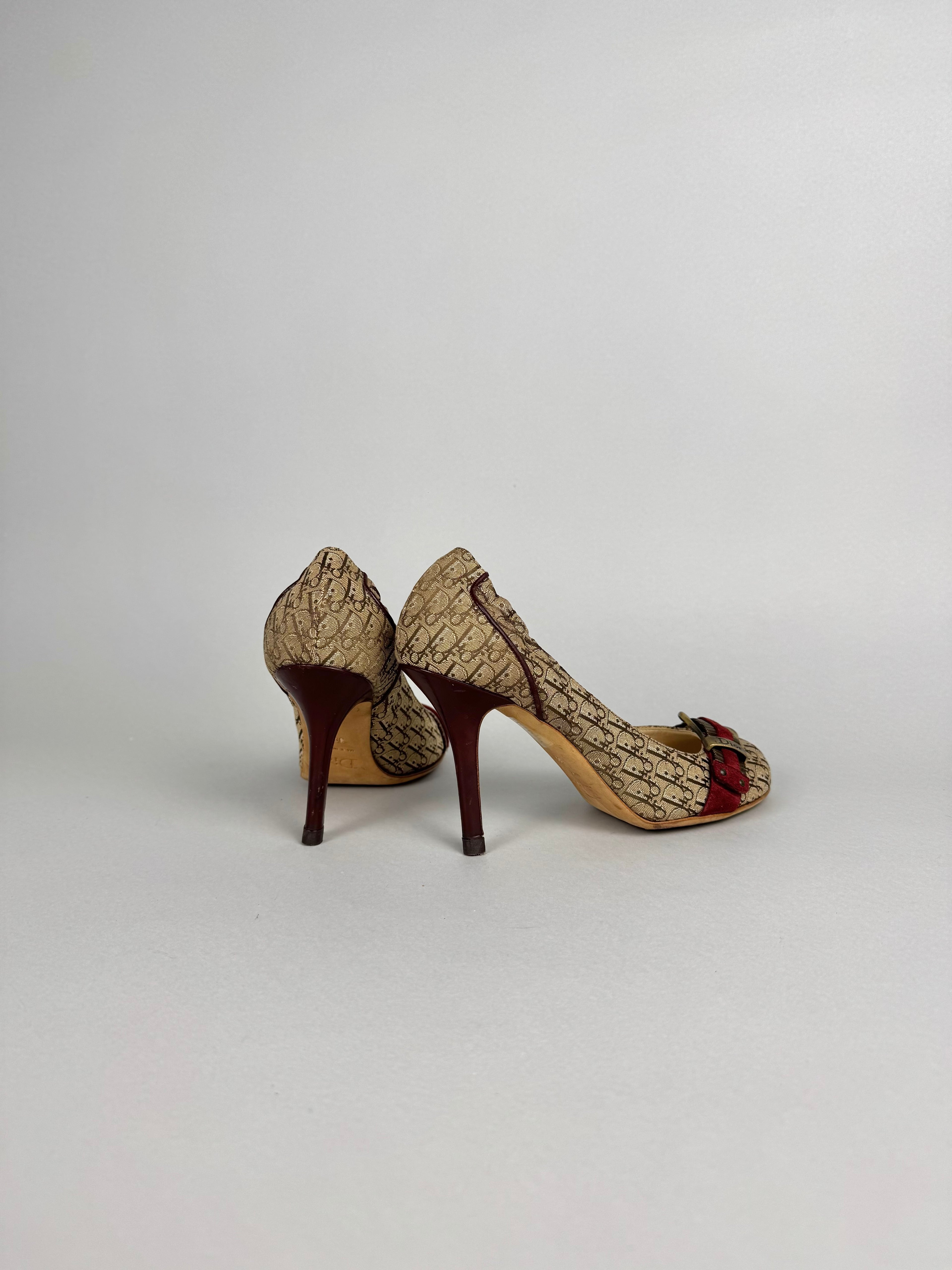 Dior Monogram Burgundy Beige Canvas Heels