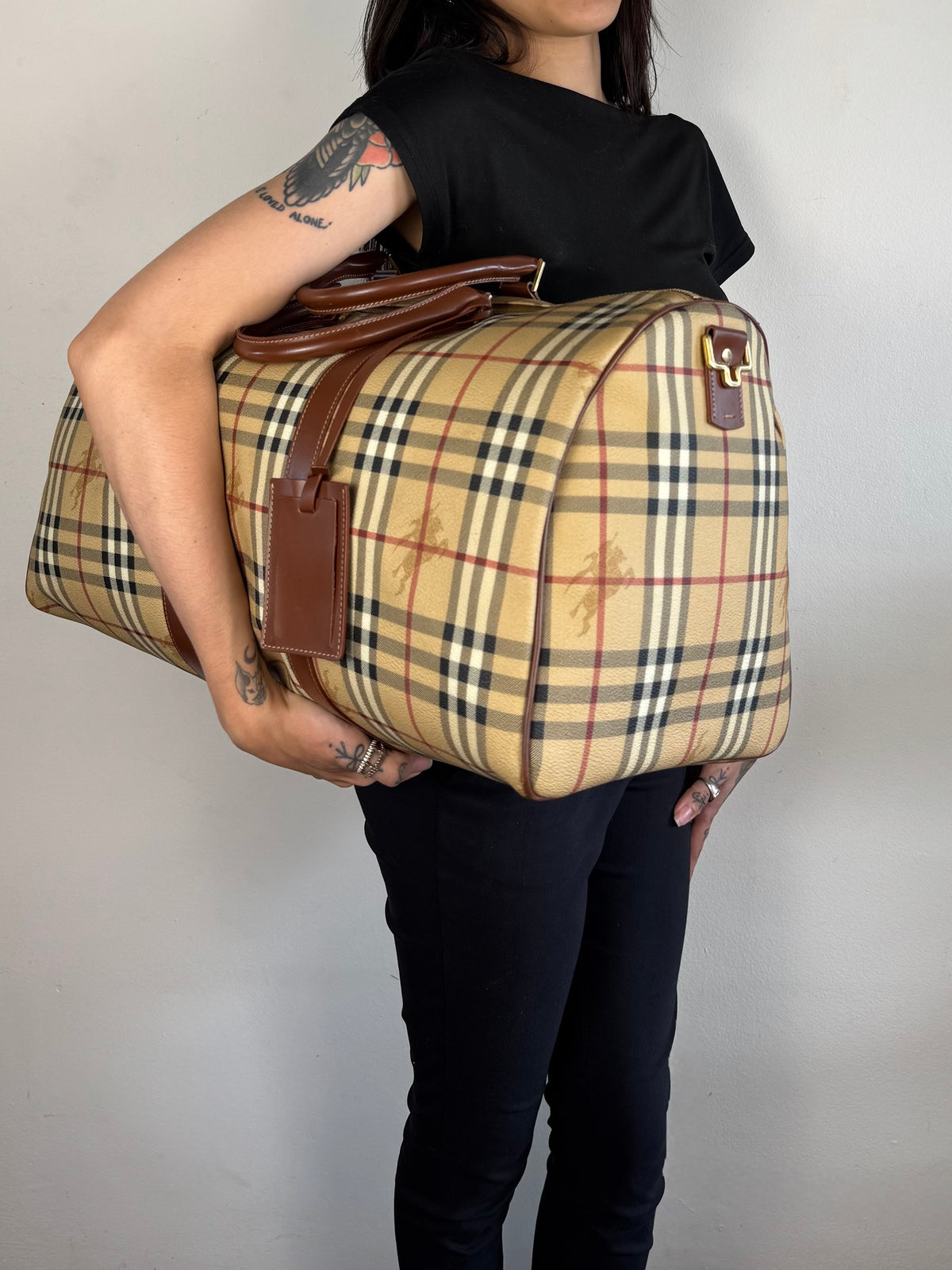 Burberry Brown Leather And Haymarket Check Coated Canvas Travel Duffel